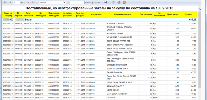 Поставленные, но неотфактурованные Заказы на Закупку по состоянию на заданную дату