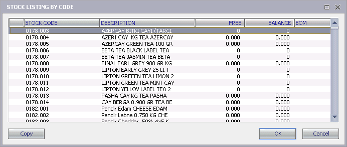 «StockBalanceAllWHs» field in this window shows quantity for all existing warehouses. Select needed item in the list and press «Enter» or click on «OK» button.