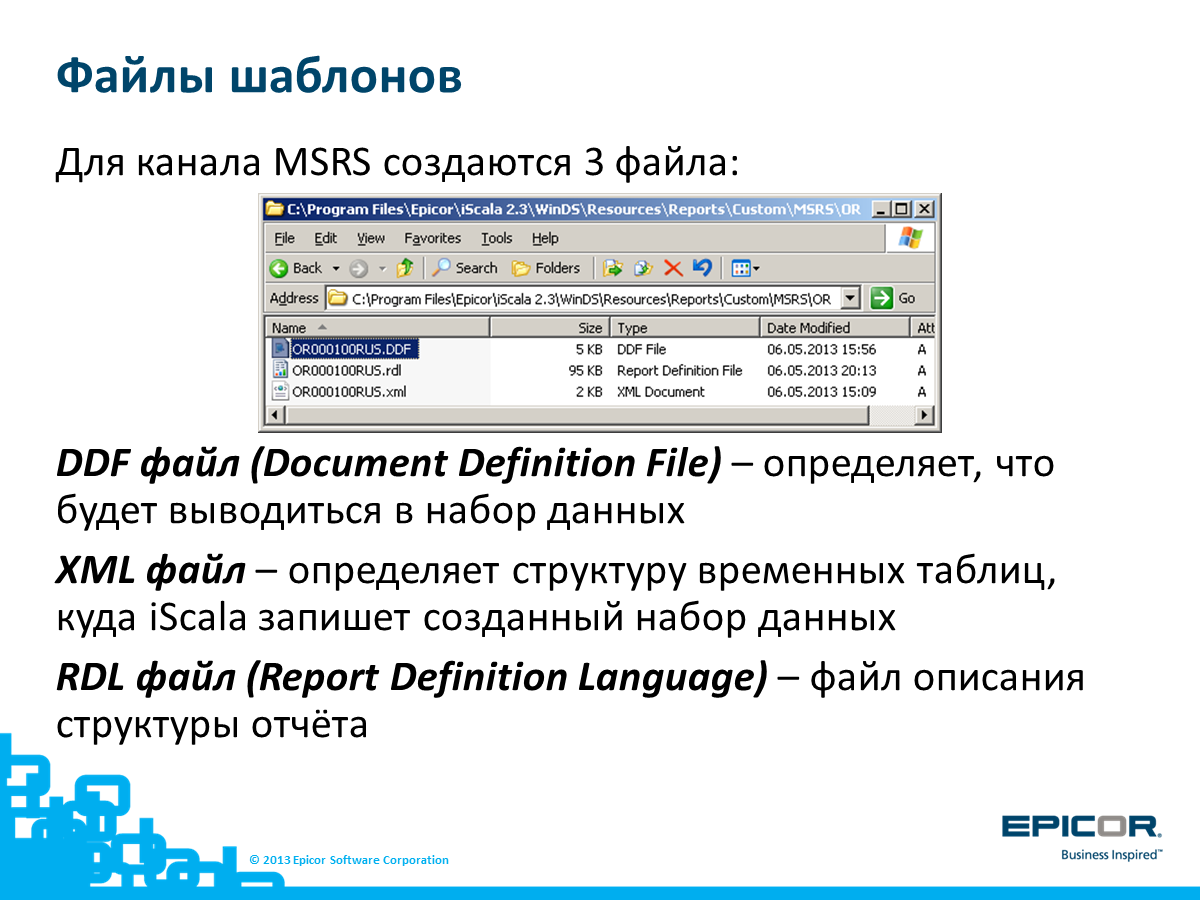 Файлы шаблонов: Для канала MSRS создаются 3 файла: DDF файл (Document Definition File) – определяет, что будет выводиться в набор данных; XML файл – определяет структуру временных таблиц, куда iScala запишет созданный набор данных; RDL файл (Report Definition Language) – файл описания структуры отчёта